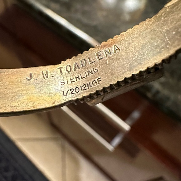 J.W. TOADLENA Sterling 12KGF Green Turquoise Cuff Bracelet Navajo Authentic - Picture 3 of 16